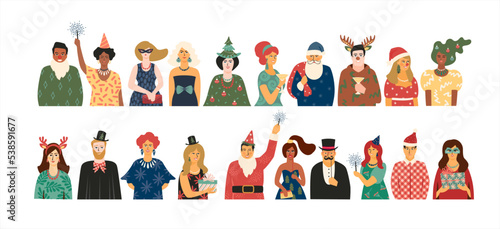 Christmas and Happy New Year isolated illustration with people in carnival costumes. Vector design.