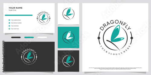 Minimalist butterfly or dragonfly logo design with business card Premium Vector