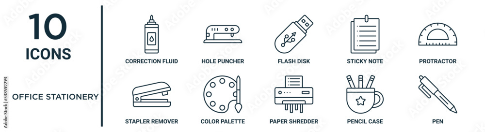 office stationery outline icon set includes thin line correction fluid ...
