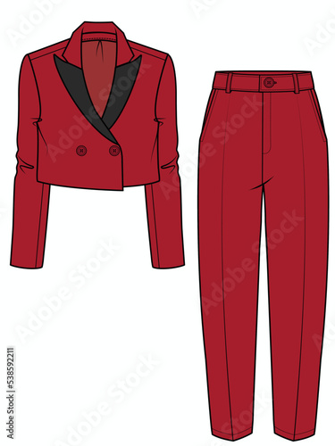 WOMEN CROP BLAZER AND TAPERED FIT PANTS CORPORATE WEAR IN EDITABLE VECTOR FILE
