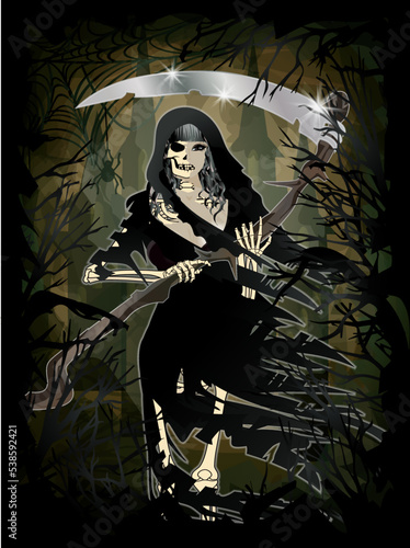 Lady Grim Reaper in black forest, halloween vip card vector illustration