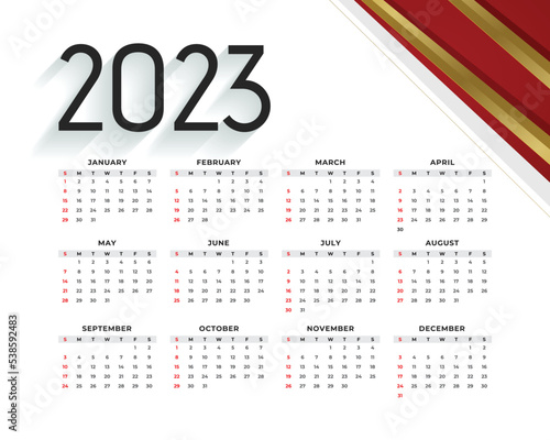 2023 modern calendar template in with golden lines