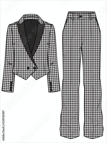 HOUNDSTOOTH CROP WOMEN BLAZER AND STRAIGHT CUT PANTS CORPORATE WEAR IN EDITABLE VECTOR FILE