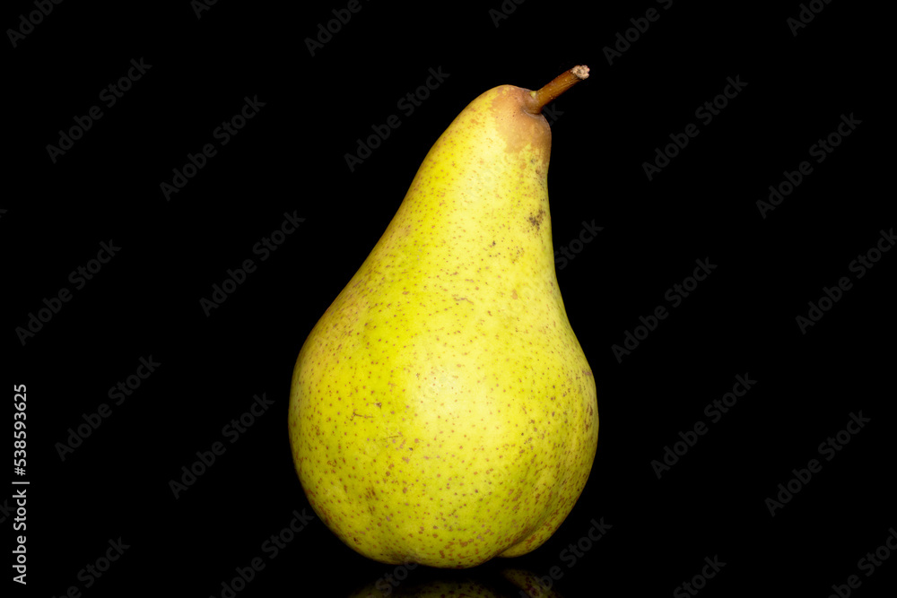 One juicy pear, macro, isolated on black background. One juicy pear, macro, isolated on black background.
