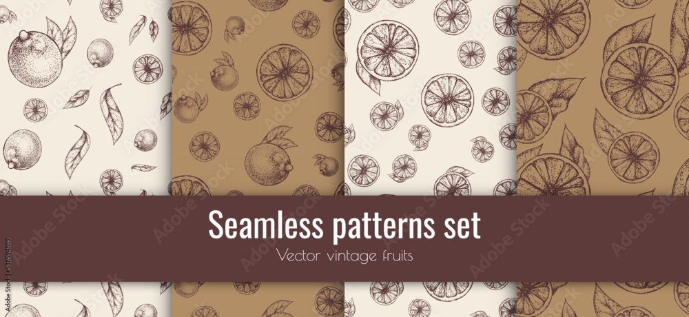 Set of vector seamless patterns with hand drawn vintage lemons. Whole citrus fruits and slices, many leaves. Botanical illustrations. Decorative art element for juice packaging design. Ink sketches. Set of vector seamless patterns with hand drawn vintage lemons. Whole citrus fruits and slices, many leaves. Botanical illustrations. Decorative art element for juice packaging design. Ink sketches.