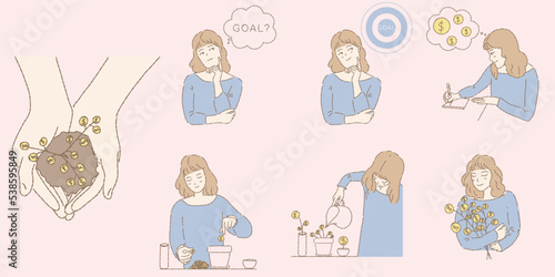 Set of young woman investing, trading stock. Growing money, coin same as planting tree. Hand drawn flat cartoon character vector illustration isolated on pink background.