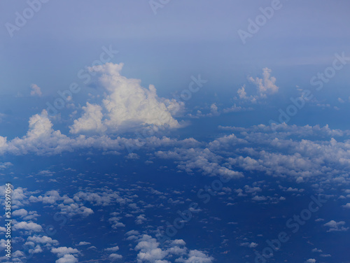 Aerial view of tranquil cloudscape in the blue sky with landscape ground below, nature wallpaper.