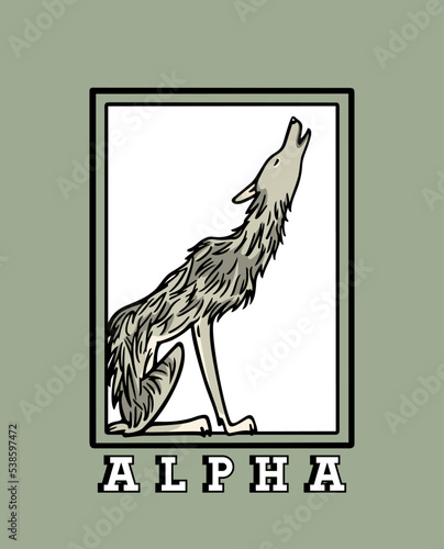 Vector card with hand drawn beautiful skinny howling wolf in austere frame. Ink drawing, graphic style. Beautiful design elements. Funny alpha male illustration