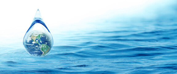 World Water day concept with world in clean water drop on and fresh blue water ripples design, Environment save and ecology theme concept ,Elements of this image furnished by NASA