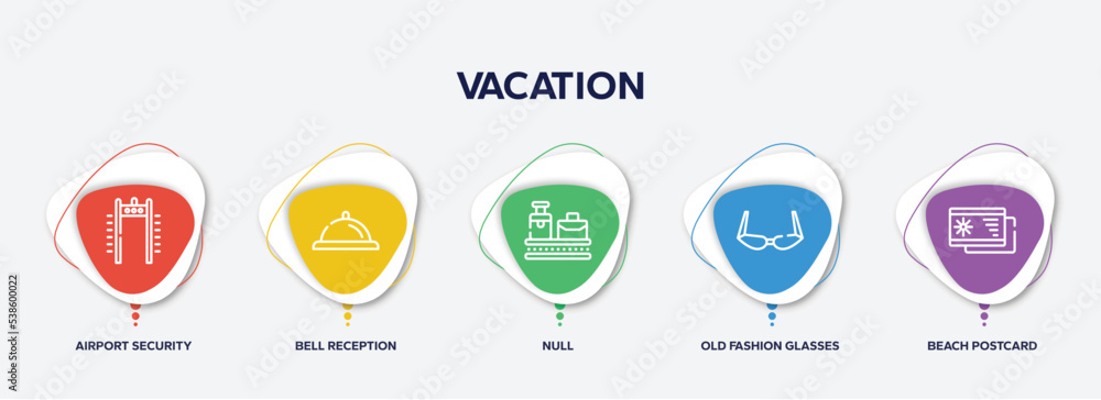 Fototapeta premium infographic element template with vacation outline icons such as airport security portal, bell reception, null, old fashion glasses, beach postcard vector.