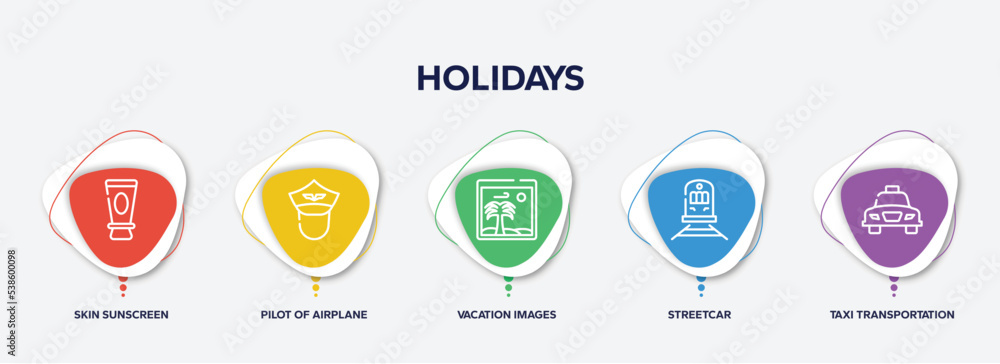 infographic element template with holidays outline icons such as skin sunscreen, pilot of airplane, vacation images, streetcar, taxi transportation vector. infographic element template with holidays outline icons such as skin sunscreen, pilot of airplane, vacation images, streetcar, taxi transportation vector.