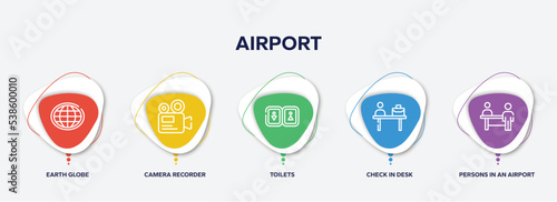 infographic element template with airport outline icons such as earth globe, camera recorder, toilets, check in desk, persons in an airport vector.