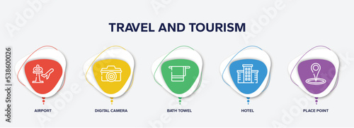 infographic element template with travel and tourism outline icons such as airport, digital camera, bath towel, hotel, place point vector.