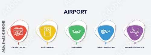 infographic element template with airport outline icons such as vintage digital photo camera, prayer room, unmanned, travelling around the world, smoking prohibition vector.