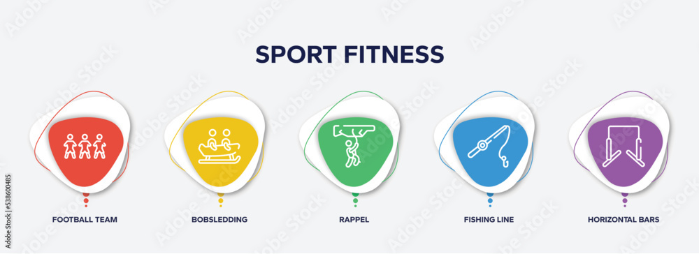 infographic element template with sport fitness outline icons such as football team, bobsledding, rappel, fishing line, horizontal bars vector.
