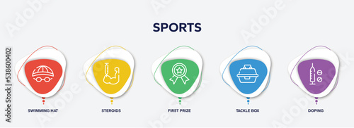 infographic element template with sports outline icons such as swimming hat, steroids, first prize, tackle box, doping vector.