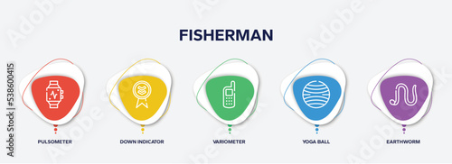 infographic element template with fisherman outline icons such as pulsometer, down indicator, variometer, yoga ball, earthworm vector.