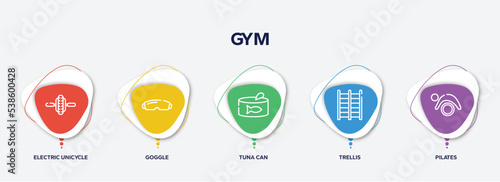 infographic element template with gym outline icons such as electric unicycle, goggle, tuna can, trellis, pilates vector.