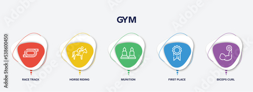 infographic element template with gym outline icons such as race track, horse riding, munition, first place, biceps curl vector.