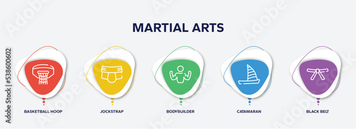 infographic element template with martial arts outline icons such as basketball hoop, jockstrap, bodybuilder, catamaran, black belt vector.