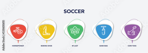 infographic element template with soccer outline icons such as horsepower, boxing shoe, m leaf, sand bag, coin toss vector.