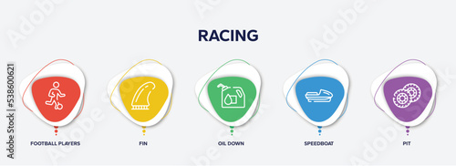 infographic element template with racing outline icons such as football players, fin, oil down, speedboat, pit vector.