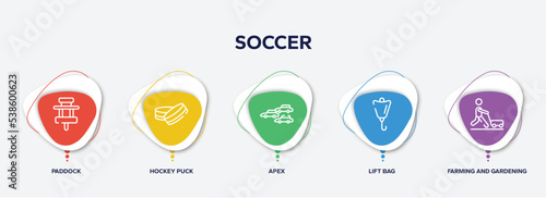 infographic element template with soccer outline icons such as paddock, hockey puck, apex, lift bag, farming and gardening vector.