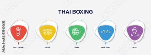 infographic element template with thai boxing outline icons such as golf caddy, arena, crank, punching, null vector.