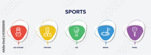 infographic element template with sports outline icons such as led strobe, drivers, tee, birdie, padel vector.