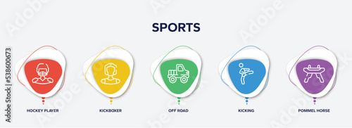 infographic element template with sports outline icons such as hockey player, kickboxer, off road, kicking, pommel horse vector.