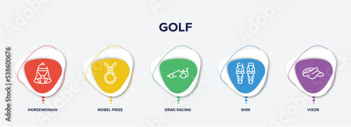 infographic element template with golf outline icons such as horsewoman, nobel prize, drag racing, shin, visor vector.