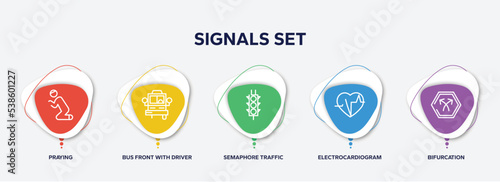 infographic element template with signals set outline icons such as praying, bus front with driver, semaphore traffic lights, electrocardiogram inside heart, bifurcation vector.