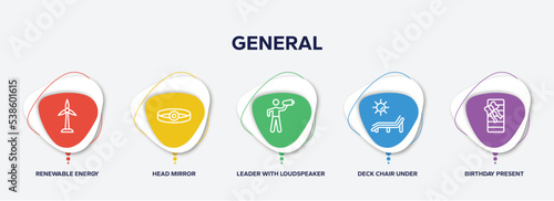 infographic element template with general outline icons such as renewable energy label, head mirror, leader with loudspeaker, deck chair under the sun, birthday present vector.