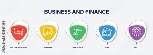 infographic element template with business and finance outline icons such as folder with plus, add link, user review, null, null vector.
