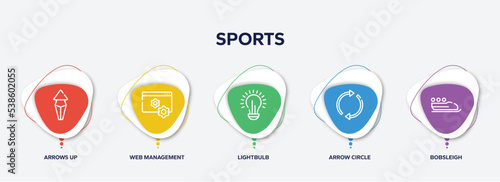 infographic element template with sports outline icons such as arrows up, web management, lightbulb, arrow circle, bobsleigh vector.