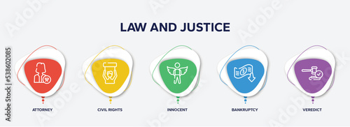 infographic element template with law and justice outline icons such as attorney, civil rights, innocent, bankruptcy, veredict vector.