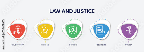 infographic element template with law and justice outline icons such as child custody, criminal, defense, documents, murder vector.