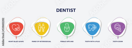 infographic element template with dentist outline icons such as heart black shape, family of heterosexual couple, female hips and waist, tooth with a plus, tooth zoom vector.