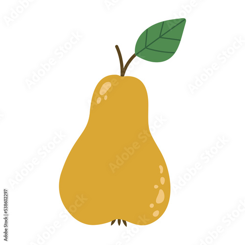 Yellow pear with twig anf leaf. Isolated vector illustration in flat style.