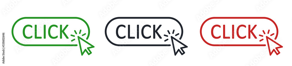 Click button with arrow pointer clicking. Click here web button. Isolated website arrow clicking cursor set – vector Click button with arrow pointer clicking. Click here web button. Isolated website arrow clicking cursor set – vector