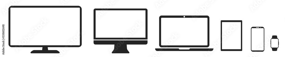 Set technology devices icon: monitor, computer, laptop, tablet, smartphone, watch icons. Mockup electronics devices monitor simple isolated - stock vector