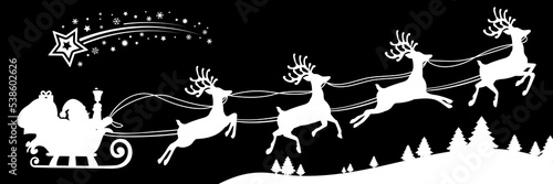 Santa Claus flying on Christmas sleigh in the night on black background, Christmas card decoration – stock vector