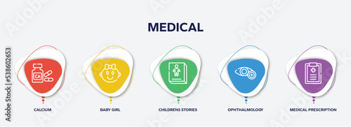 infographic element template with medical outline icons such as calcium, baby girl, childrens stories, ophthalmology, medical prescription vector.