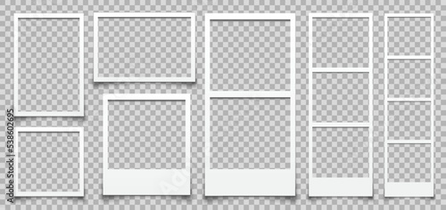 Empty white different photo frame with shadows. Set realistic photo card frame mockup - stock vector