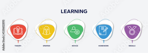infographic element template with learning outline icons such as theory, spartan, novice, homework, medals vector.