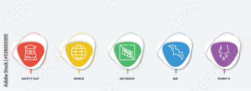 infographic element template with outline icons such as safety suit, world, no group, bat, runny e vector.