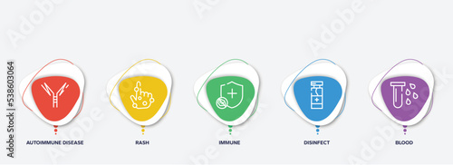 infographic element template with outline icons such as autoimmune disease, rash, immune, disinfect, blood vector.