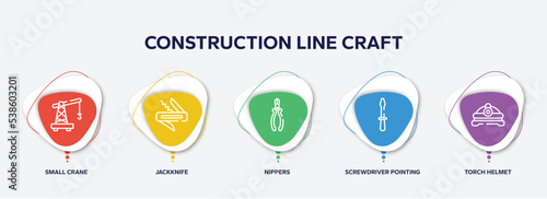 infographic element template with construction line craft outline icons such as small crane, jackknife, nippers, screwdriver pointing up, torch helmet vector.