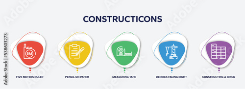 infographic element template with constructicons outline icons such as five meters ruler, pencil on paper sheet, measuring tape, derrick facing right, constructing a brick wall vector.