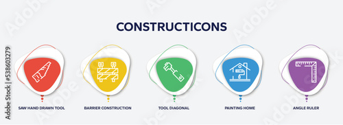 infographic element template with constructicons outline icons such as saw hand drawn tool, barrier construction limit tool, tool diagonal, painting home, angle ruler vector.